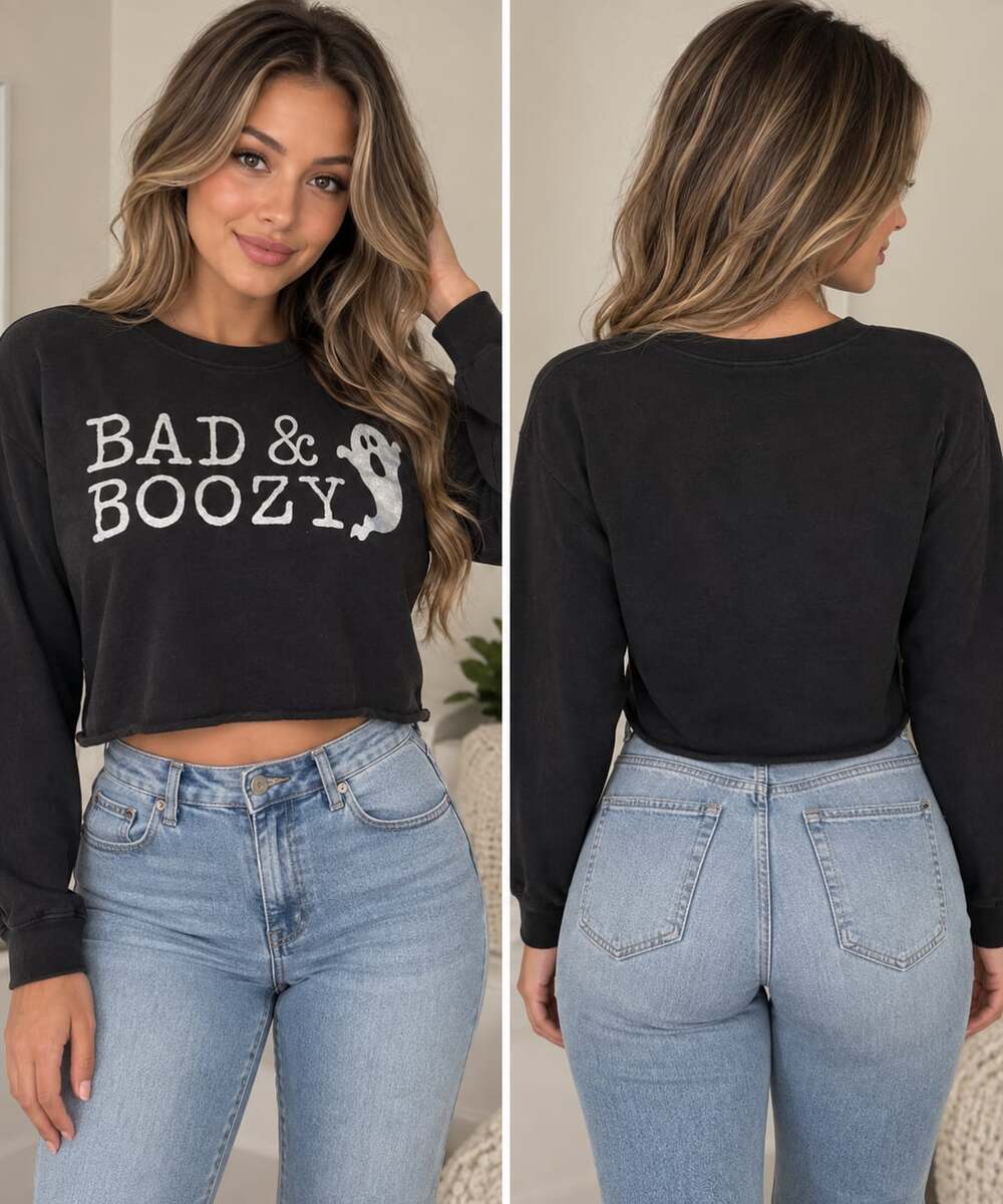 Freeze Bad & Boozy Halloween Ghost Graphic Crop Sweatshirt Black Size M